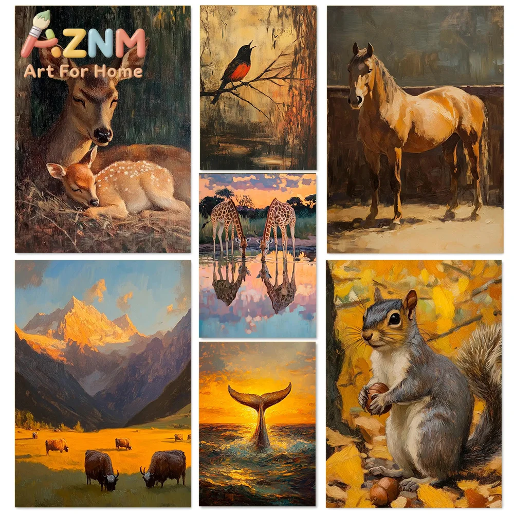 Peaceful Natural Landscape And Animal Oil Paint Poster Canvas Print Gallery Lounge Home Living Room Sofa Background Wall Deco