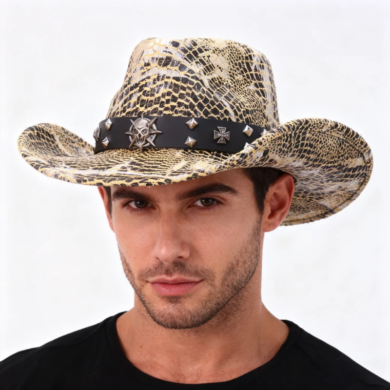 Unisex Snake Skin Cowboy Hat with Skull Lace-up & Rivets - All-Season Punk Western Hat Polyester 56-58cm