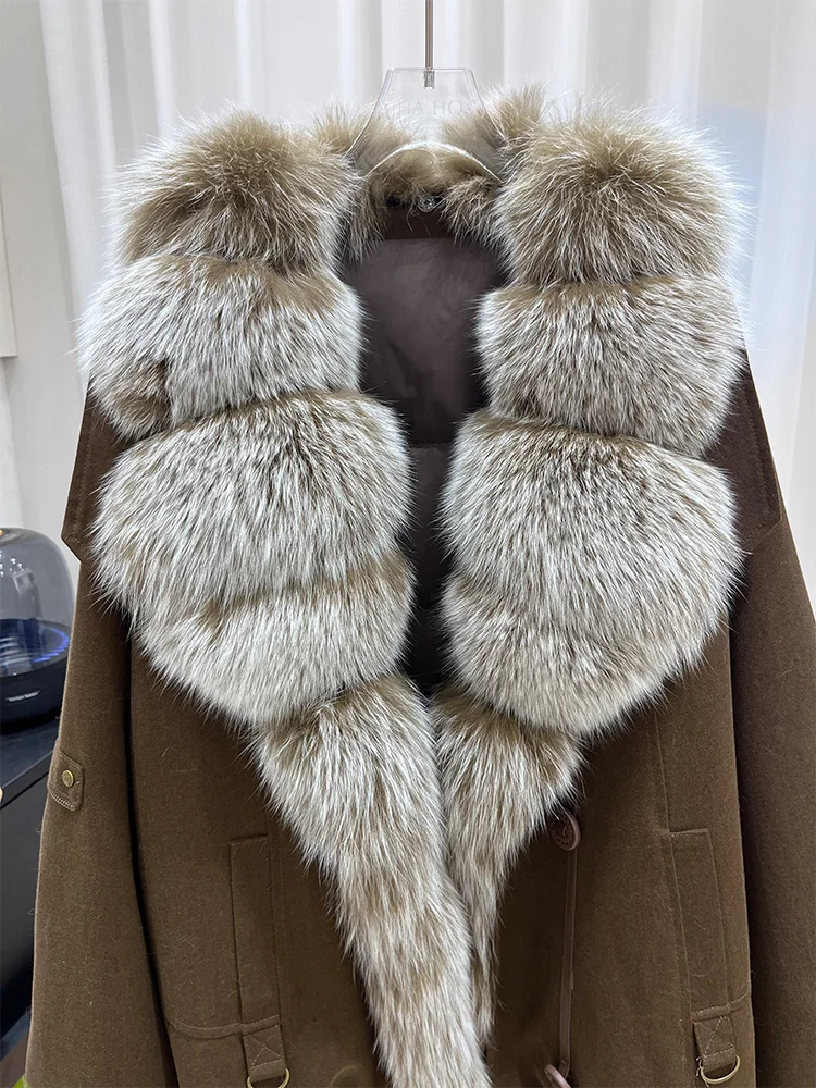Moda Nuovo Inverno 90% Piumino d'oca Vera pelliccia di volpe Collo di Spessore Caldo Cappotto da donna Piumino Cappotto di lusso di media lunghezza