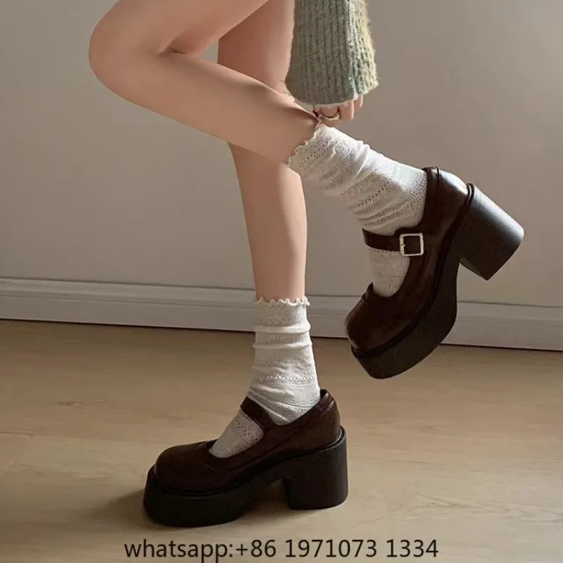 Black Mary Jane Single Shoes for Women Thick Heel round Head Retro Japanese Style Versatile Leather Shoes Roman Style Glue Ad...