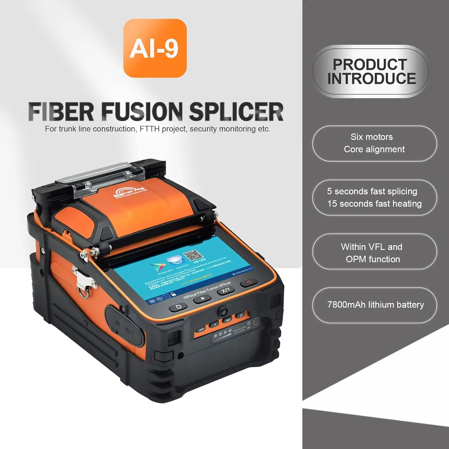 New Model AI-9 Fusion Splicing Six Motor Core Alignment Fiber Fusion Splicer Automatic FTTH Fiber Optical Welding 5S Heating 15S