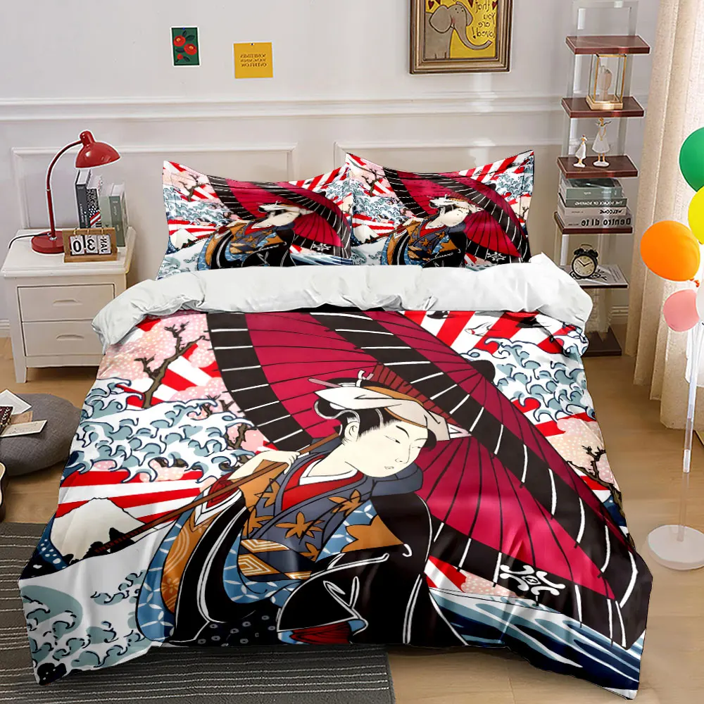 Japanese Ukiyo-e Geisha Wave Bedding Set, Vintage Kimono Lady Cherry Blossom Umbrella Print Oriental Art 3PC For Bedroom Decor