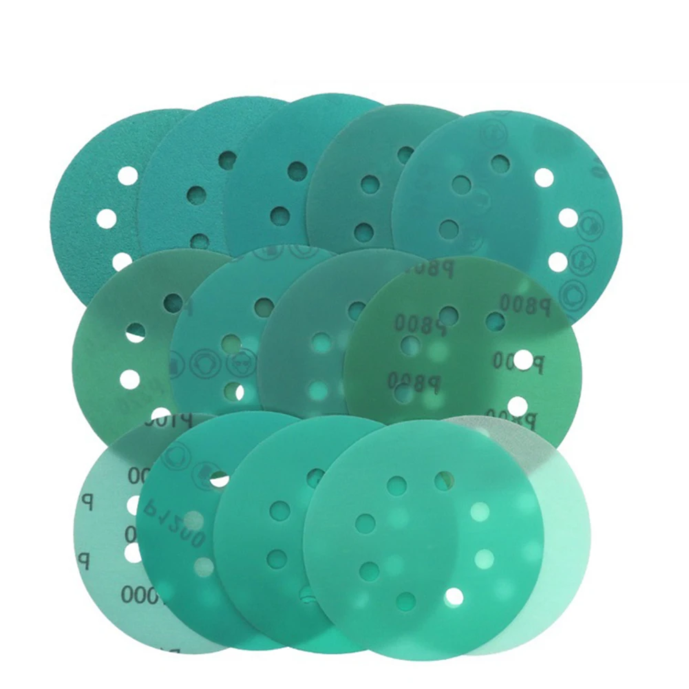 5Pcs 5Inch 8-Hole Green Film Sandpaper Wet Dry Green Sanding Discs 60-2000Grit Abrasive Tools For Polishing Furniture Wood Metal
