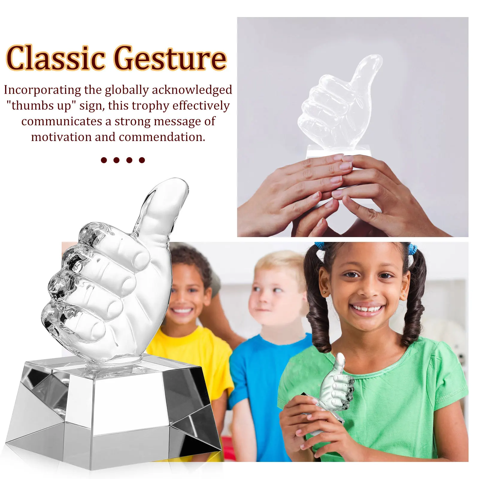 2Pcs Brilliant Crystal Thumb Up Trophy Sleek Faceted Design Approval Symbol Award Trophy for Education Classroom Desktop Accent