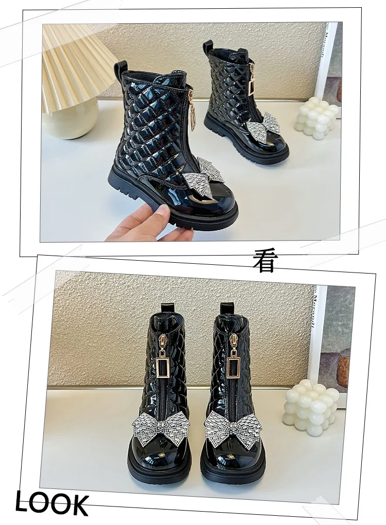 Neue Mädchen-Herbst-Winter-Stiefel mit Schleife und Karomuster, mittelhohe Stiefel mit seitlichem Reißverschluss, rutschfeste, kurze Stiefel, warme, weichsohlige, modische Stiefel für Kinder. – Detail 9