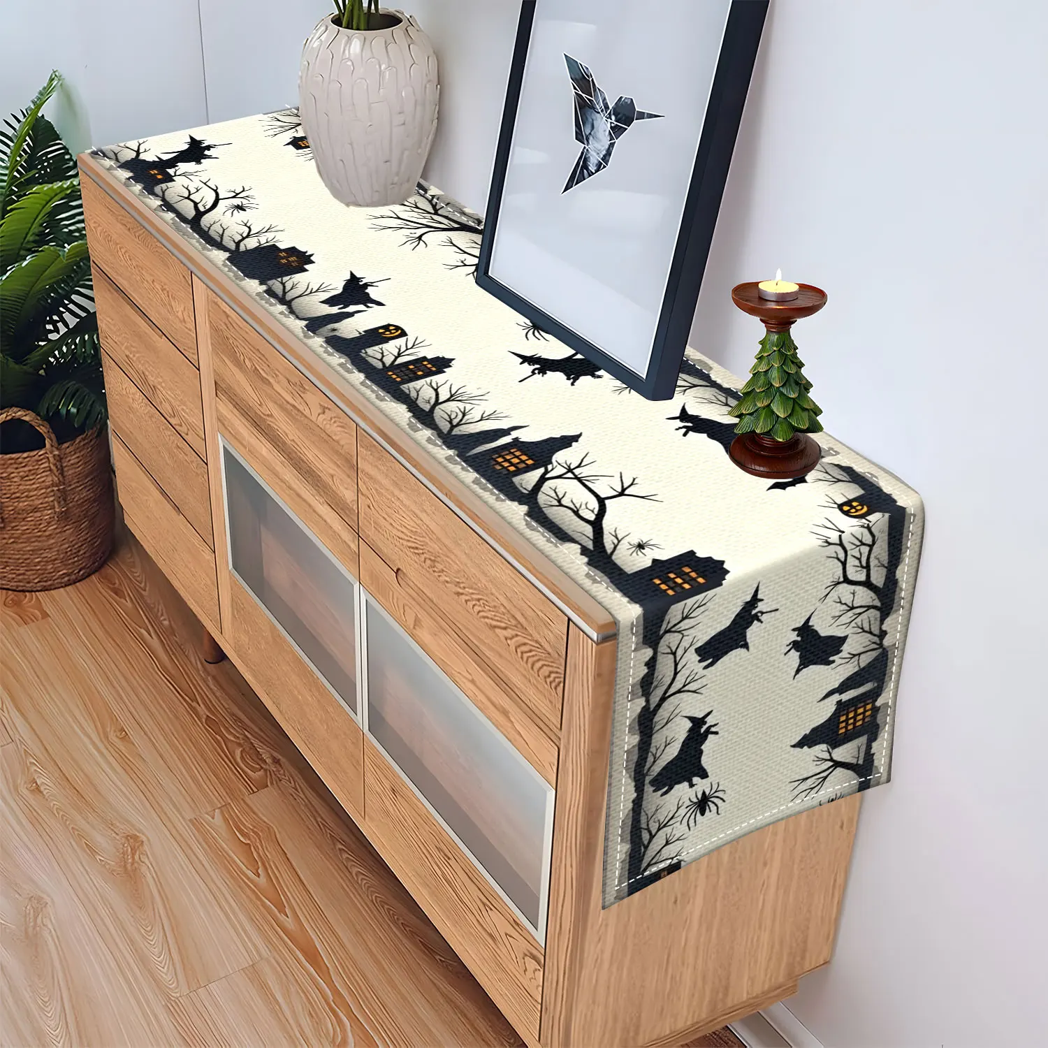 قطعة واحدة من مفرش الطاولة بطابع الهالوين مع أنماط الساحرات والقرع والخفافيش وما إلى ذلك، مناسبة لحفلات العطلات ومشاهد الديكور المنزلي #5