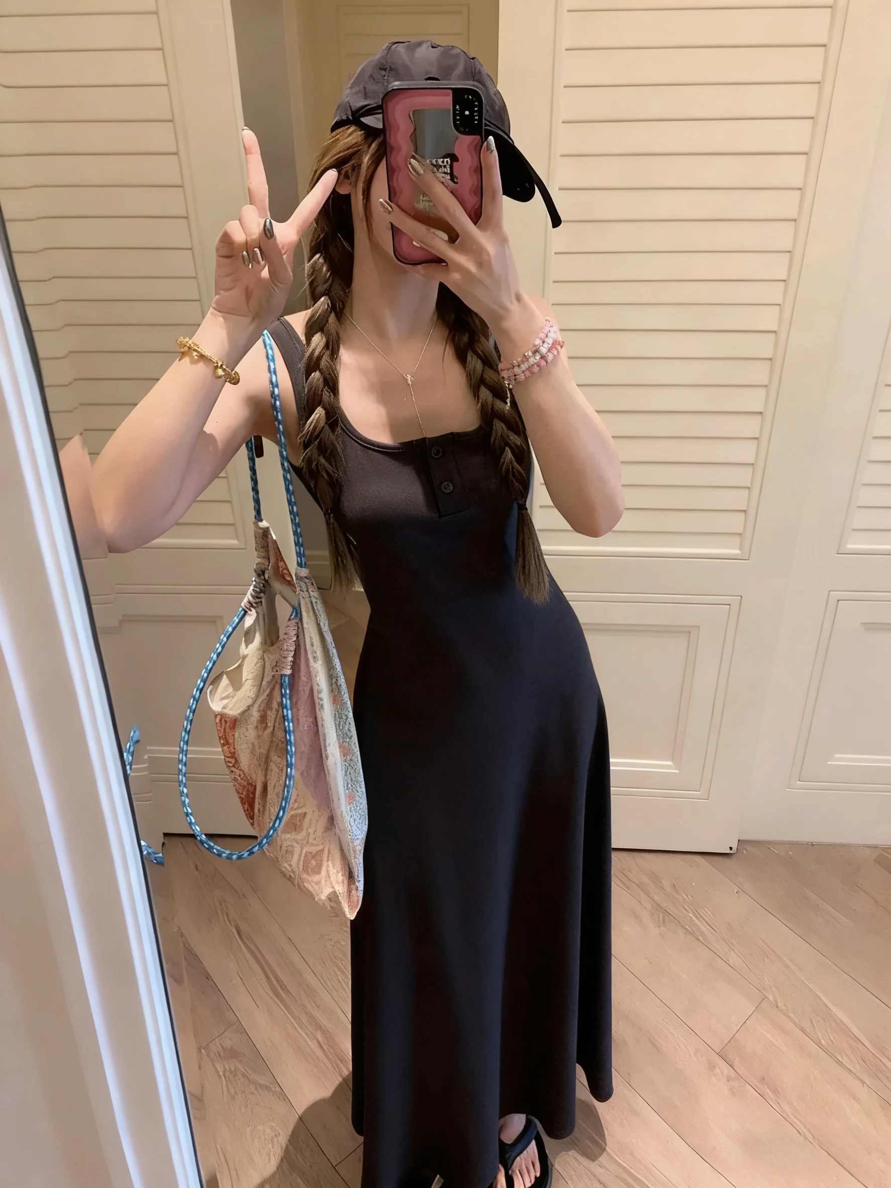 Printemps été femmes grande taille a-ligne longue Dr col carré débardeur jupe couche de Base Dr Slim Fit polyvalent Modal Fa...