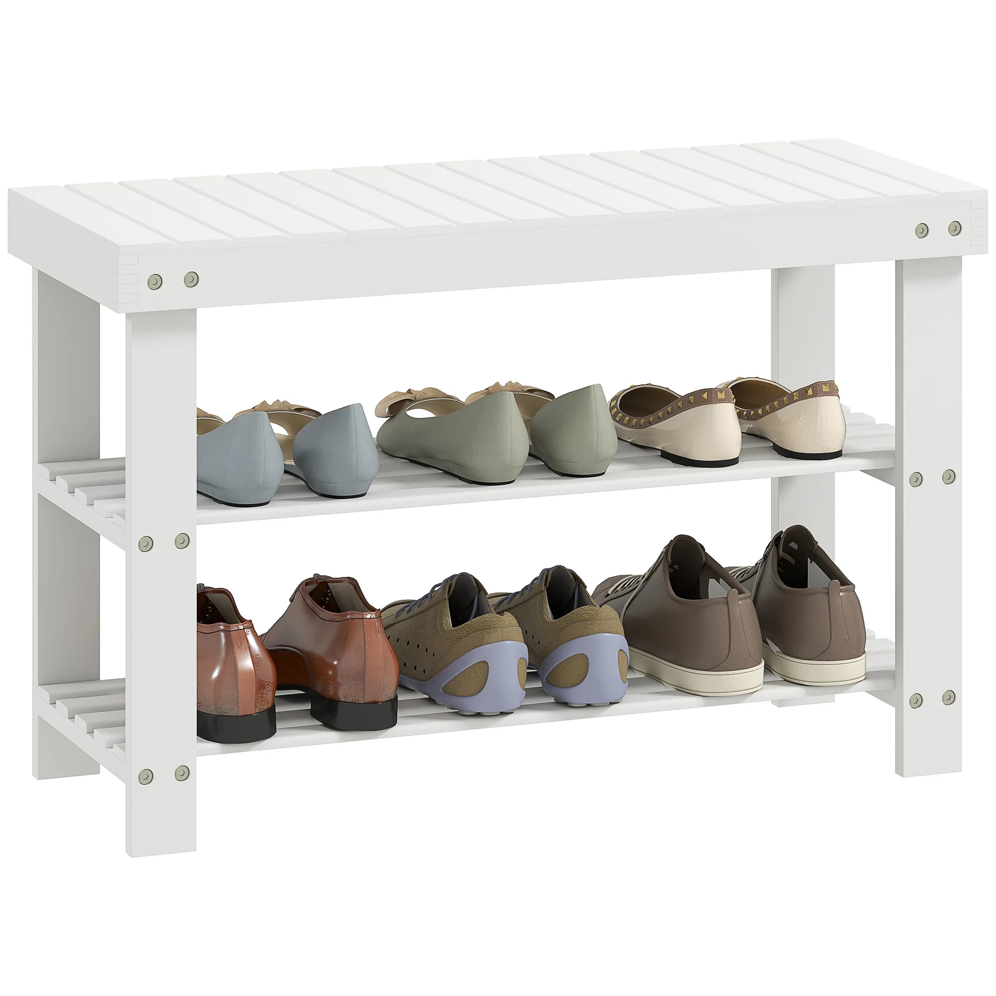 HOMCOM Banco Zapatero de Bambú Zapatero con Asiento Organizador de Zapatos de 3 Niveles para 6 Pares Zapatos para Entrada Salón Dormitorio 70x28x45 cm Blanco