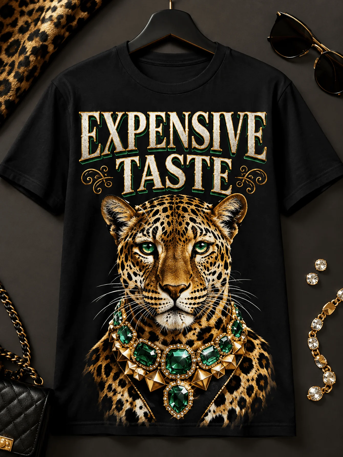 Unisex T-shirt with Expansive Taste fun copy, jewelry leopard print funny T-shirt, retro personality casual short sleeved top