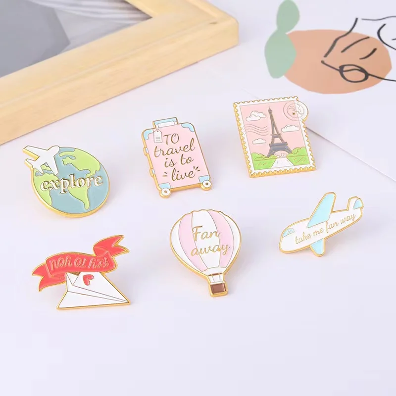Cartoon Plane Earth Eiffel Tower Luggage Enamel Pin Travel Brooch Women Men Denim Jackets Lapel Pins Backpack Badges Friends