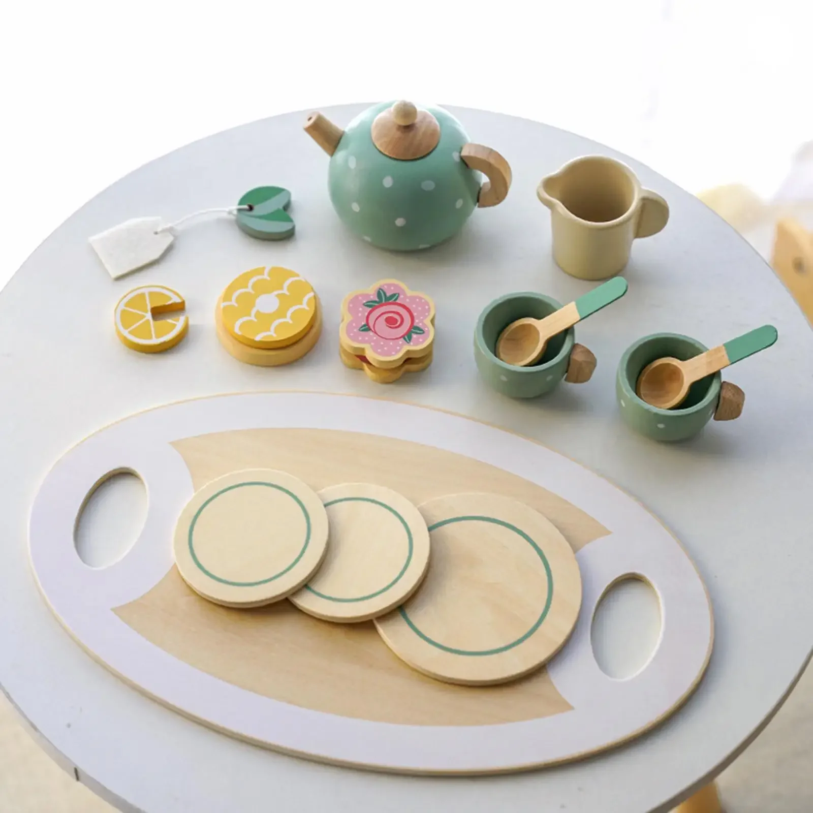 Tea Party Tableware Wooden Handiccraft Toy Kitchen Pretend Play Set for Toddlers Kids Birthday Gift Favors  Toys