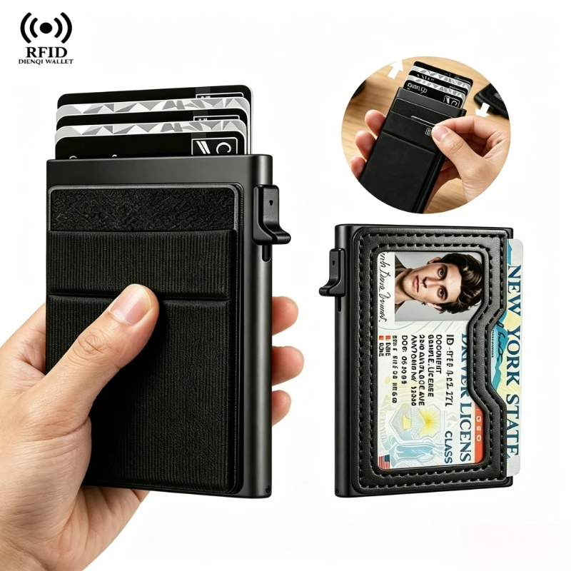 RFID Blocking Auto Pop Up Credit Card Wallet, Elastic Card Holder with Clear ID Window, Slim Portable Wallet for Men Daily Use