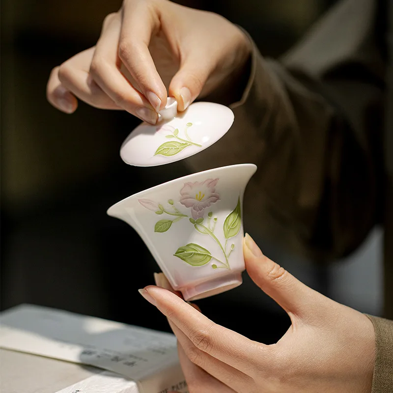 Jade Clay Purple Morning Hand-painted Ceramic Kung Fu Set Household Thin Body Imitation Hot Tea Bowl Gaiwan