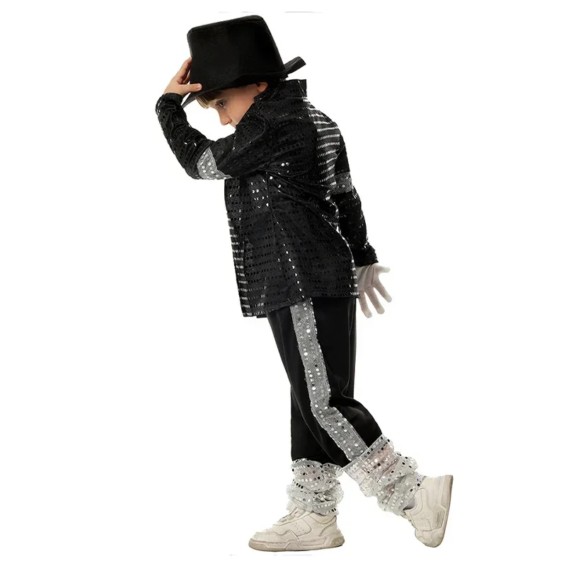 Ragazzo Michael Jackson Billie Jean Cosplay Abito nero Danza Discoteca Halloween Fancy Dress Up Costume pop King anni '80 per bambini