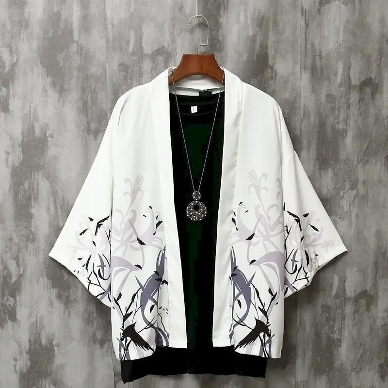 

Summer Men's Shirt Dragon Robe Kimono Road Robe Retro Bird Loose Trend Seven-point Sleeve Cardigan Thin Lined Sunscreen Leisure