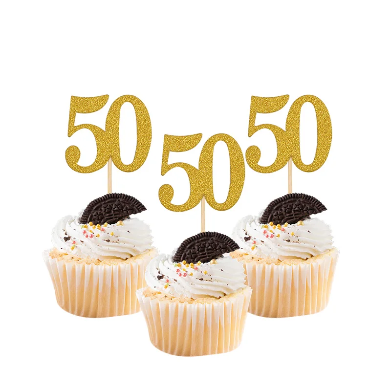 20pcs 반짝이 골드 번호 18 21 30 40 50 60 컵케익 토퍼 음식 선택 생일 케이크 장식 기념일 디저트 파티 용품