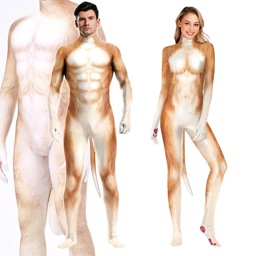 

New Animal Cosplay Costume Golden Retriever 3D Printing Zentai Bodysuit Halloween Theme Party Role Playing Outfits for Women Men