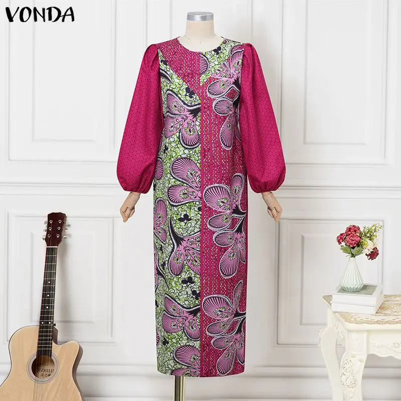 

Женское платье макси размера плюс 5XL VONDA с богемным принтом и длинным рукавом-фонариком в стиле пэчворк, длинный сарафан с круглым вырезом, повседневный модный вечерний халат