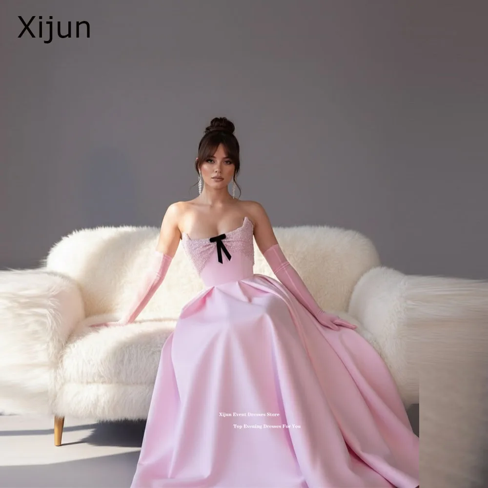 

Xijun Elegant Pink Long Evening Dresses Beads Bow Sweetheart Formal Prom Dresses A-Line Pleated Prom Gowns 2026 Women Customized