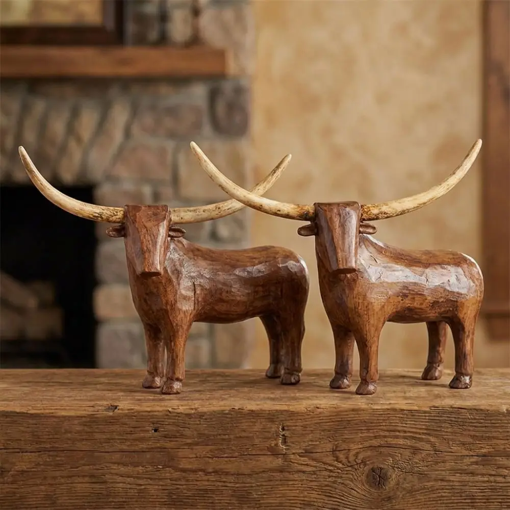 Vintage Style Longhorn Bull Sculpture Rustic Rugged Resin Bull Tabletop Statue Handcrafted Western Style Sheep Cow Figurine