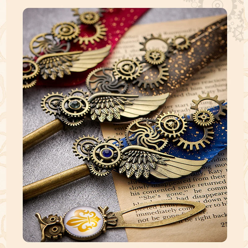 Vintage Mechanical Feather Dip Pen Set,Ink-Containing,Penholder,Bookmark,Art Calligraphy Signature Pen Holiday Gift Giftboxed