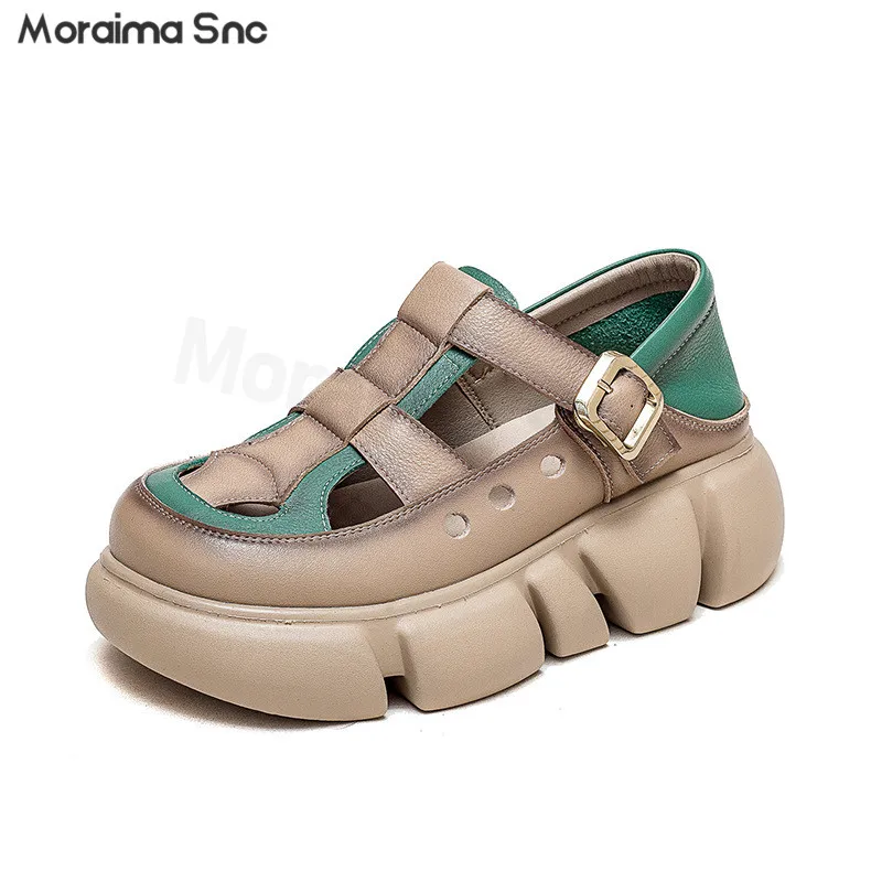 

Colorblock Hollow Leather Sandals Thick-Soled Round-Toed Buckle Retro Casual Sandals Fashionable and Comfortable Women's Shoes