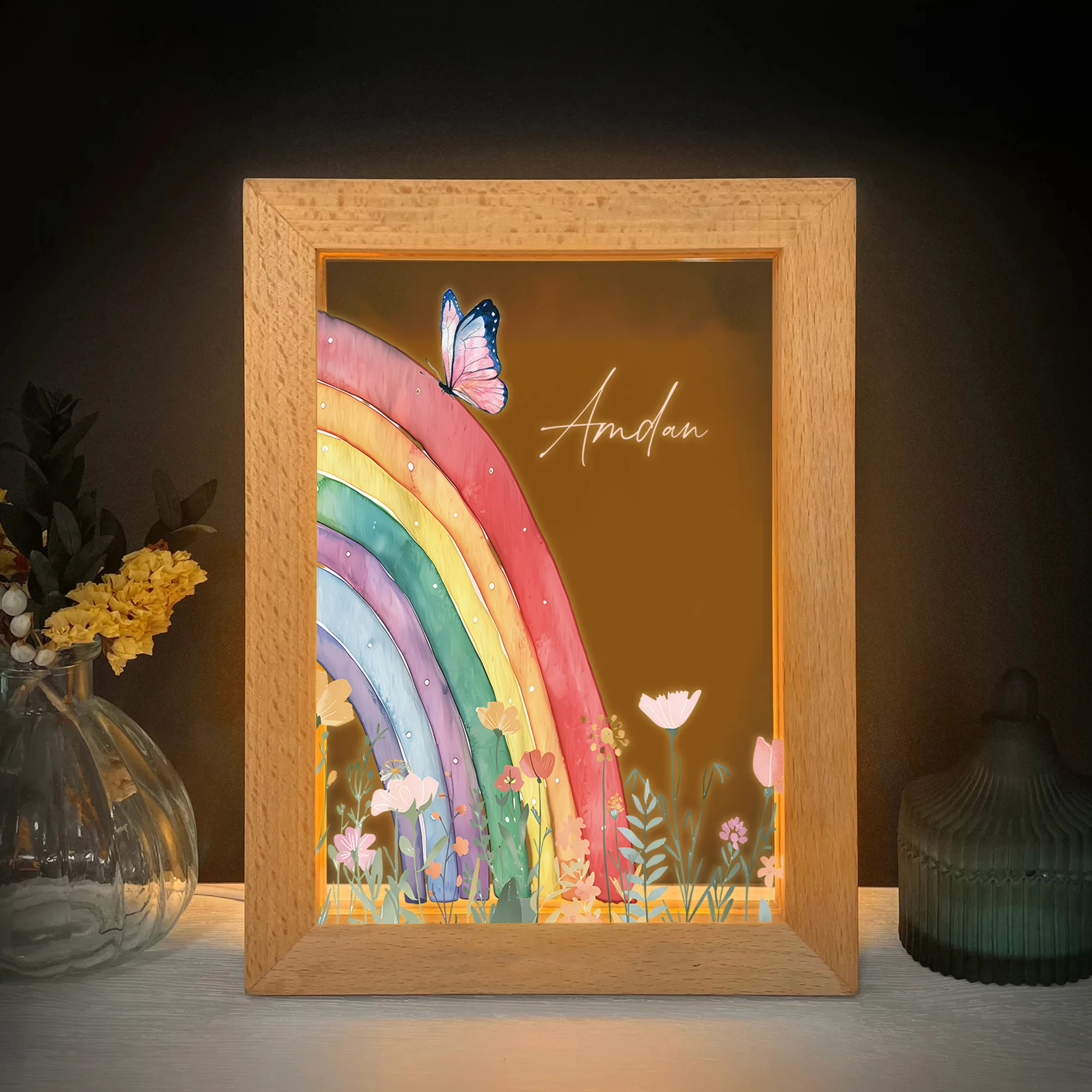 Personalizowana Ramka na Zdjęcia LED z Tęczą i Imieniem, Lampka Nocna, Prezent dla Rodziny, Salon, Sypialnia, Jadalnia, Dom
