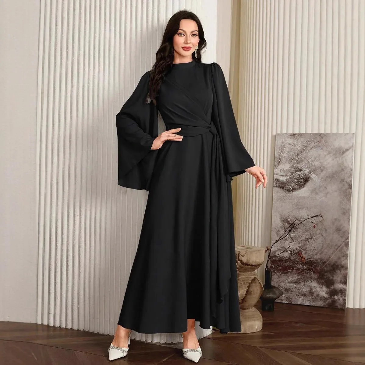 

Women's Solid Color Long-sleeve Casual Long Dress, New Slim-fit Dress With Back Zipper And Small Stand-up Collar Islam Elegant