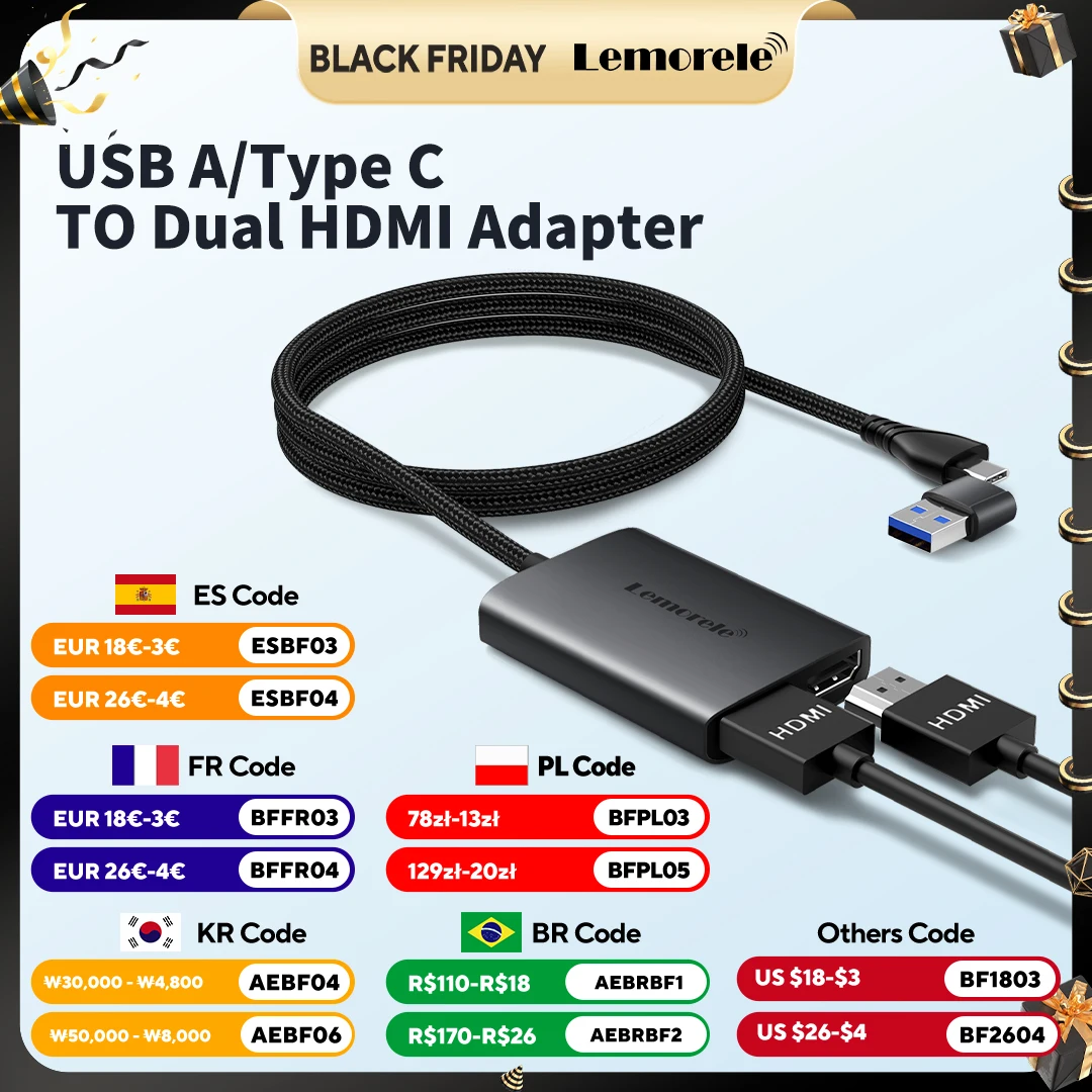 

Адаптер Lemorele Type C/USB3.0 на Dual HDMI 1080P 60 Гц, удлинитель 2 разных экрана для Apple M1 M2 Mac Windows Type C/USB3.0 Hub