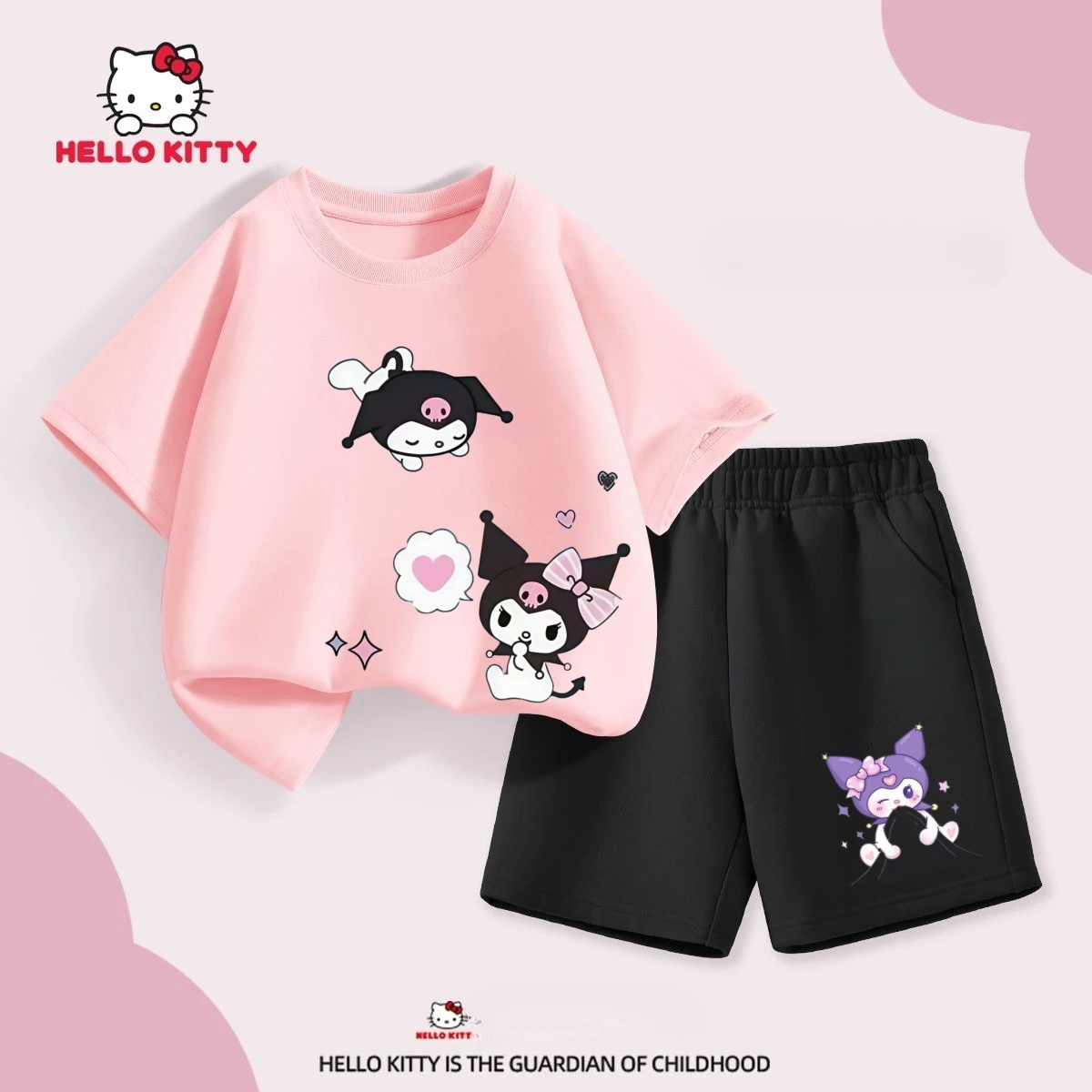 

Sanrio Summer Baby Girls 100% Cotton Clothes Set Kid Children Cute Kuromi Printed Short Sleeve T-shirts Top and Shorts Suit