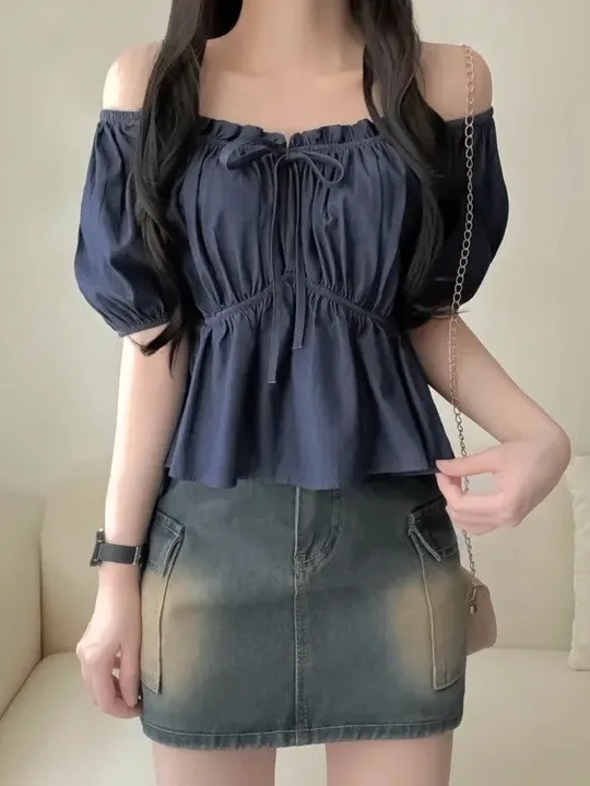 

Korean Sle Sweet Spicy ort Sve Denim irt Women Summer New Bone oulder One Word oulder Bubble Sve Waist in Den...