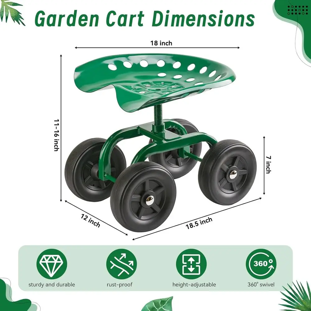 360 °   Carrinho de jardim giratório com assento para homens e mulheres, scooter para idosos para trabalho ao ar livre no quintal (verde)