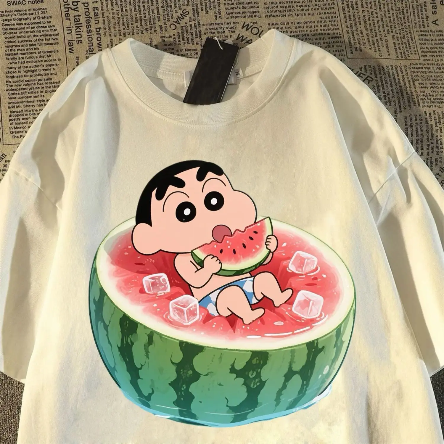 Crayon Shin Chan Watermelon Print Casual T Shirt Cute Anime Short Sleeve Tee for Men Women