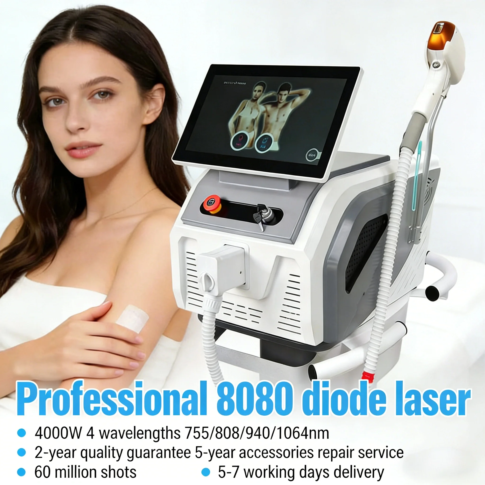 CE Certified Diode Laser Hair Removal Machine， 4 Wavelengths with Sapphire Ice-Cooling， Permanent Painless Hair Remover for Da