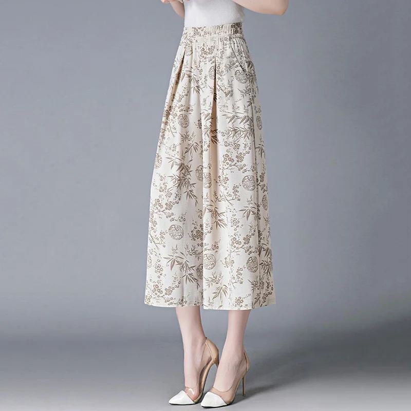 

Широкие брюки с принтом в стиле шинуазри, женские летние брюки с высокой талией 2025, женские винтажные свободные брюки длиной до икры с карманами