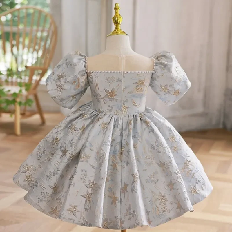 

Baby Girl Princess Pearl Beading Satin Dress Puff Sleeve Child Vintage Vestido Party Pageant Birthday Frocks Baby Clothes 1-10Y