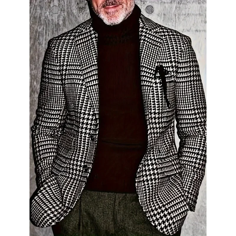 

Classic Men's Houndstooth Blazer Single Breasted Suit Jacket Stylish Party Evening Formal Coat Fashion Casual Office Outerwear