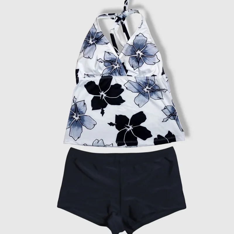 Hawaiian Hibiscus Print Halter Tankini 2 Piece Swim Suit Adjustable Neck Tie Top Solid Boyshort Bikini Pool Beach Bathing Suit