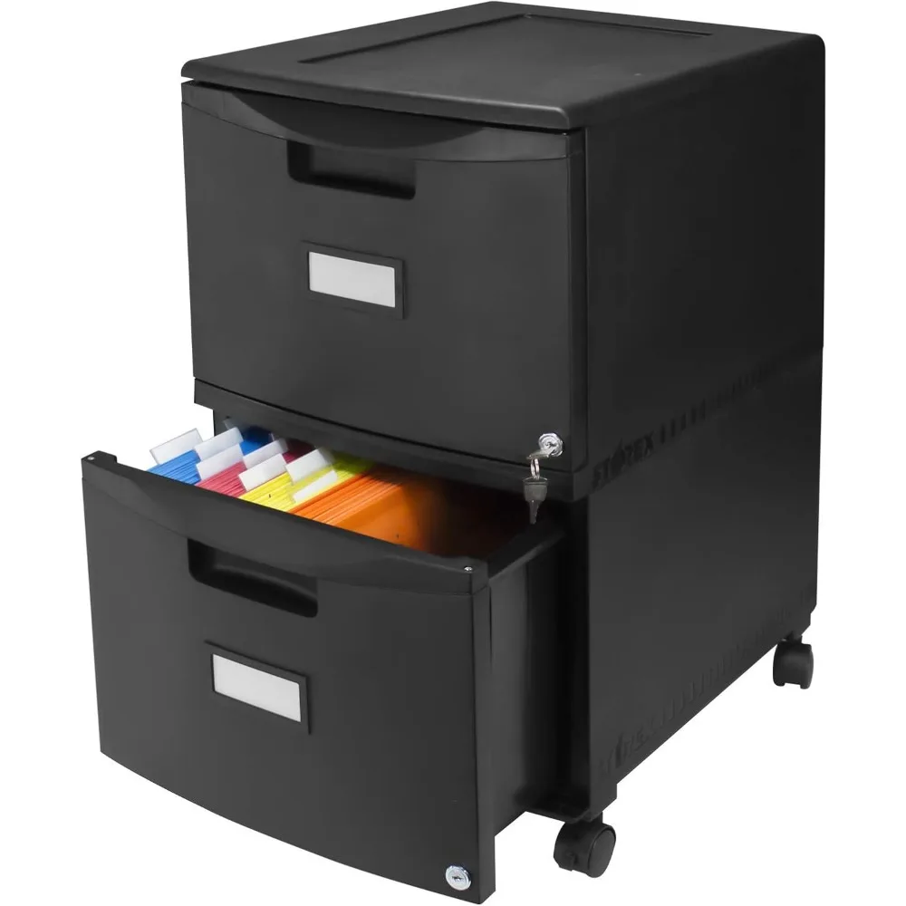 File Cabinet Plastic Two-Drawer Mobile Pedestal, Locking Document Organizer with Casters, 1-Pack , Office Cabine