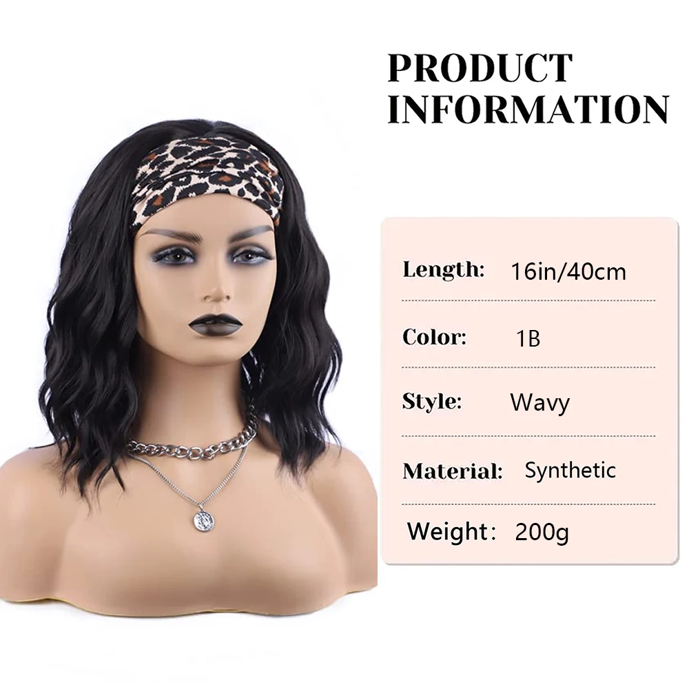 Headband Wig Short Wavy Wigs for Black Women Black Bob Wig Synthetic Natural Curly Shoulder Length Wigs 16 Inch for Daily/Party