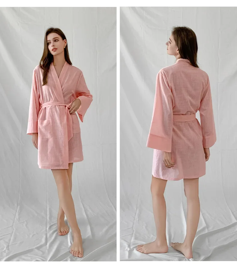 2024 Summer New Pure Cotton Tied Solid Color Nightgown Pajamas Comfortable Loose Long Sleeved Short Women's Home Furnishings