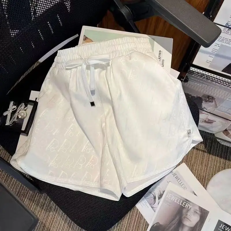 2025 Summer New Korean Fashion Printing Satin Wide Leg Pants Female Trend Letter Drawstring Athleisure Elastic Waist Shorts