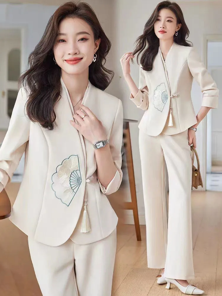 

Autumn Buckle Embroidered Jackets + Wide-leg Pant Suit Retro V-neck Embroidered Suit Pants Two-piece Set