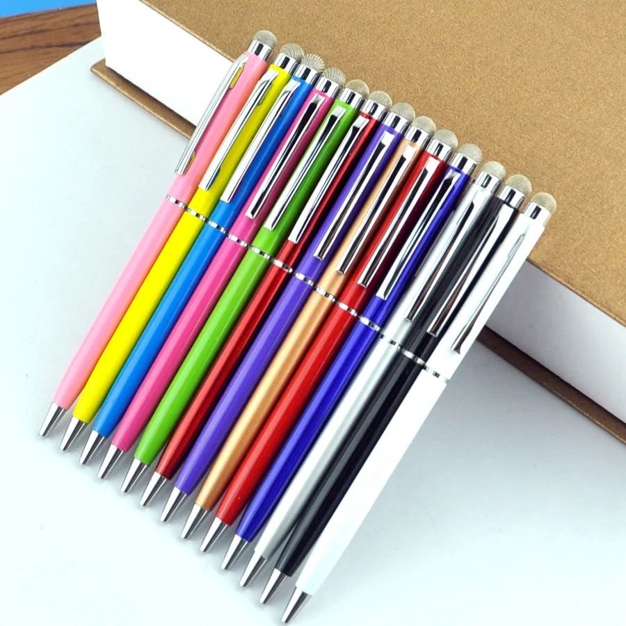 

50pcs/Lot 13 Colors Black Blue Ink Roller Metal Ballpoint Pen 0.7mm 2in1 Fiber Point Stylus Gift For Iphone Free Custom Logo