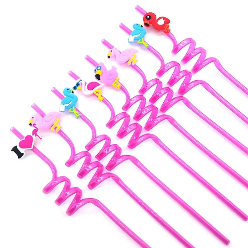 8pcs 26cm Cartoon Animal Flamingo Themed Straws Reusable Plastic Spiral Drinking Straws Children Baby Birthday Party Decoration