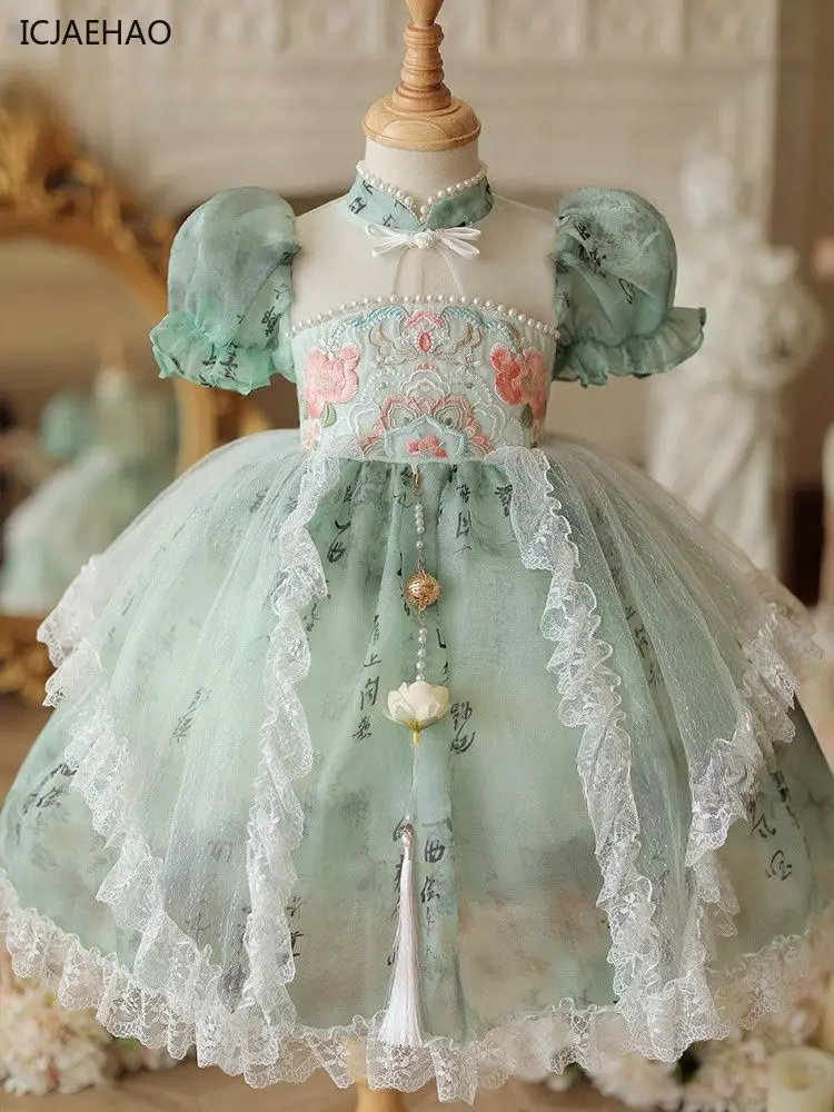 ICJAEHAO 2025 Sleeve Flower Dresses for Girls Lace Elegant Princess Frock High Quality Boutique Part Girl Lolita Dress PuffGreen