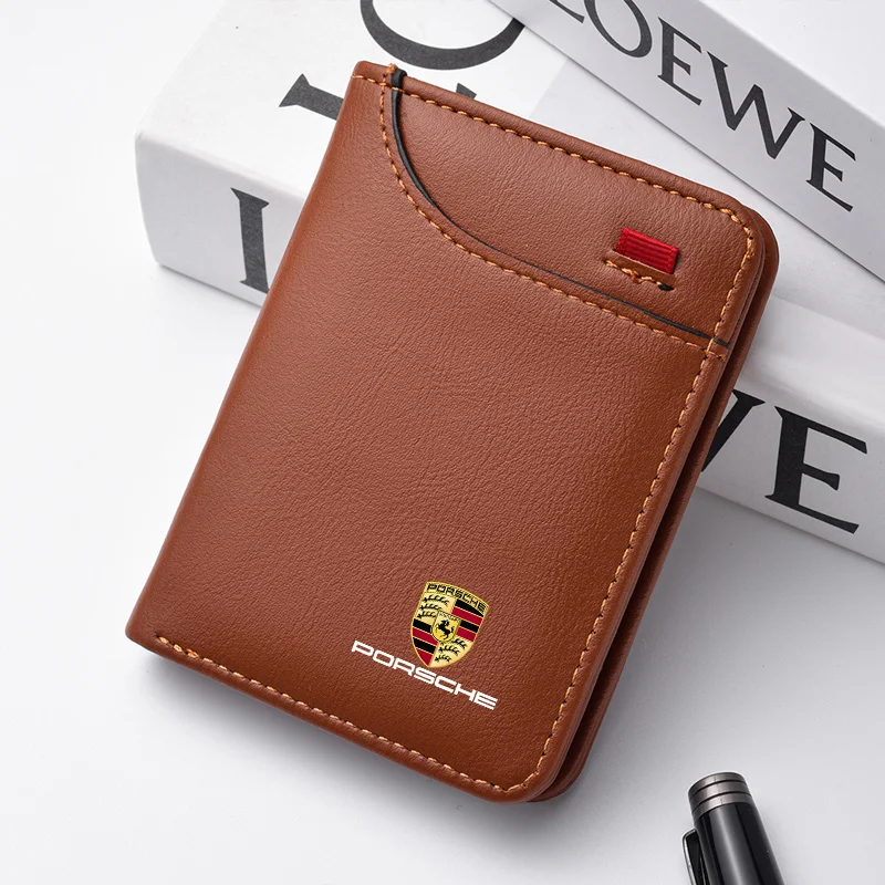 

Car Men's PU Leather Wallet Credit Card Purse Portable Ticket Storage Bag For Porsche Boxster Cayman Cayenne 911 Macan Panamera
