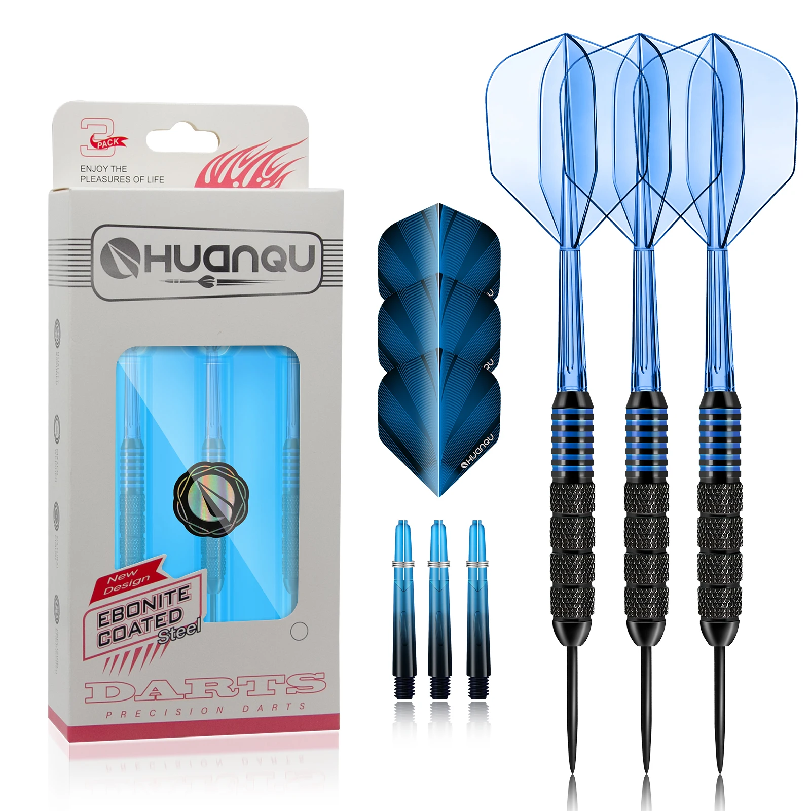 HUANQU 3Pcs 24g Steel Tip Darts Set with Blue Integrated Flight Shafts, Carry Case & Extra Plastic Shafts Standard Flights