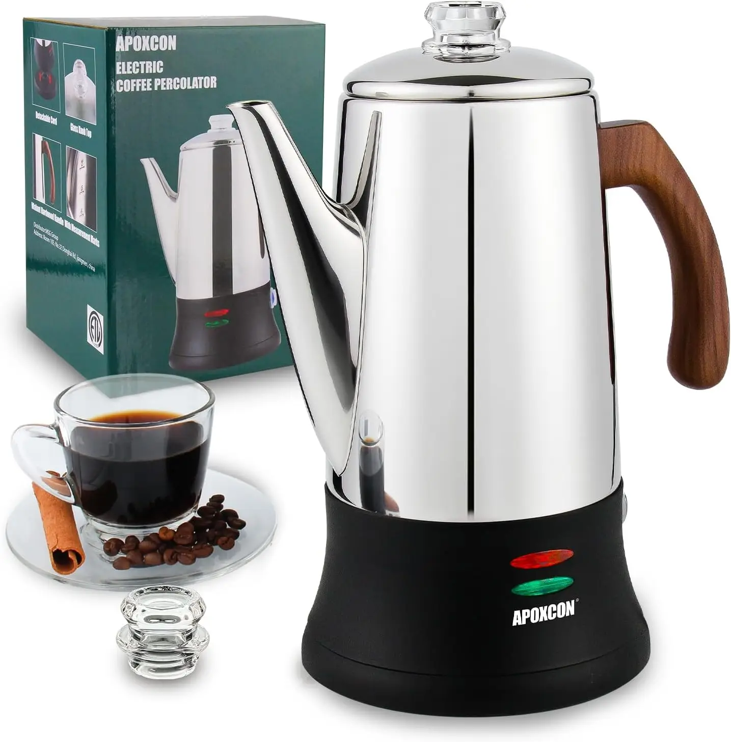 

Electric Coffee Percolator 8-Cup Stainless Steel Coffee Maker with Glass Knobs, Wood Handle, On/Off Switch, Keep-Warm Function