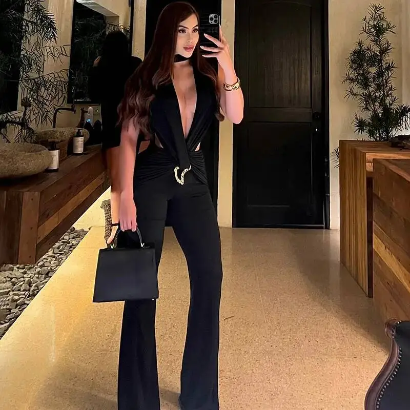 Metal Buckle Ruched Slim Fit Flare Pants Women Sexy Deep V Neck Sleeveless Backless Scarf Ribbon Boot Cut Skinny Club Overalls